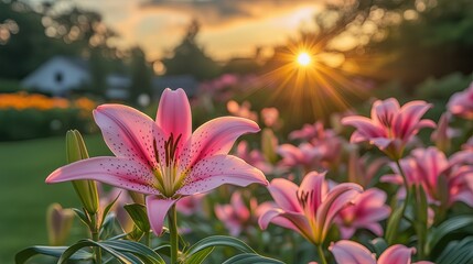 Fototapeta premium Ethereal Pink Lilies Blooming in Soft Golden Morning Light Romantic Floral Photography Botanical Aesthetic Imagery Macro Nature Photography Ethereal Pink Lilies Blooming