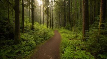 Obraz premium Sunlit Forest Path Lush Green Foliage and Nature Scene