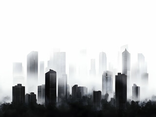 Obraz premium Misty Cityscape: Towers Rise from Fog, an Urban Landscape in Monochrome, Evoking Mystery and Tranquility.