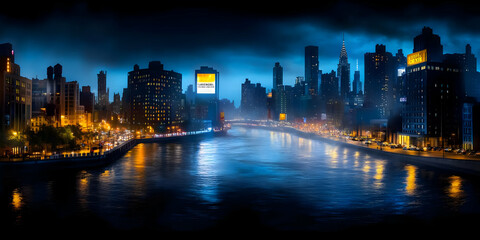 Fototapeta premium Cityscape at Night Illuminates River with Vibrant Lights Reflecting Urban Skyline Panoramically