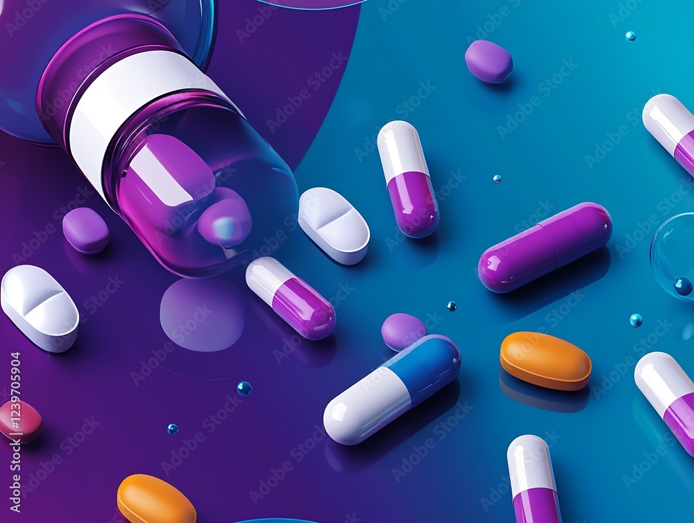 Aufkleber Artistic Arrangement of Capsules and Pills with a Dynamic Color Scheme for Pharmaceutical Background : Generative AI