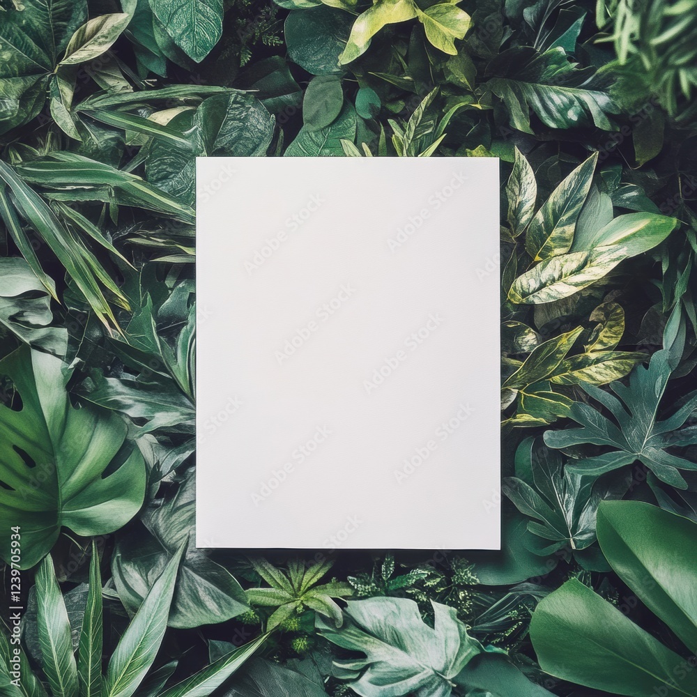 Aufkleber blank white paper surrounded by lush green leaves in a nature inspired setting ideal for creative pr
