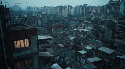 Dense Urban Cityscape at Twilight High Angle View