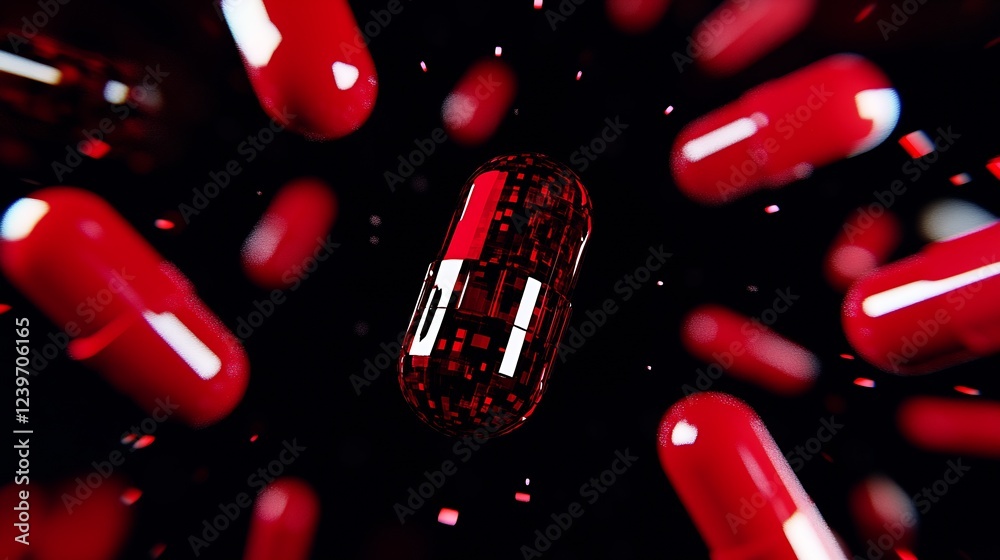 Poster Futuristic Red Capsule Pill in 3D Space Surrounded by Blurred Objects for Healthcare Themes : Generative AI