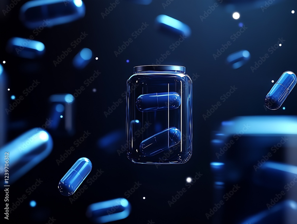 Aufkleber suspended blue capsules in a jar floating over a dark background : generative ai