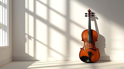 Elegant wooden violin bathed in natural light with intriguing shadow patterns on wall : Generative AI