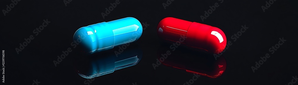 Poster close up of vibrant colored capsules on a sleek reflective surface representing medical choices : ge