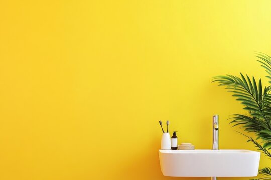 Bright cheerful bathroom with vibrant yellow accent wall and stylish fixtures for a fresh look