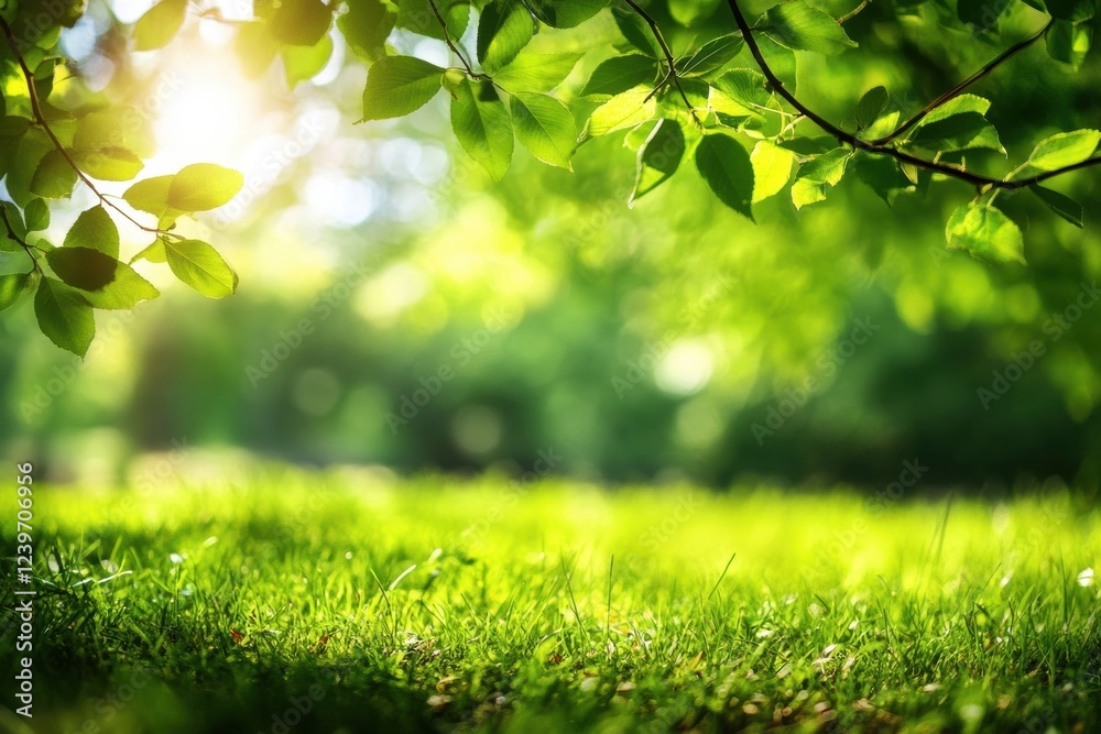 Aufkleber lush green grass and sunlight filtering through leaves in a serene outdoor setting during daytime. g