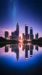 Fototapeta premium Cityscape Reflects in Still Water Under a Starry Twilight Sky with Tranquil Beauty and Architectural Grandeur