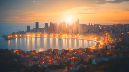 Fototapeta premium Coastal Cityscape Illuminates at Sunset, Reflecting on Tranquil Waters and Residential Neighborhood Below