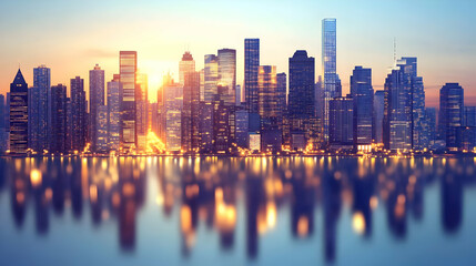 Fototapeta premium Cityscape Reflects in Water at Sunset with Illuminated Buildings and Blurred Foreground.