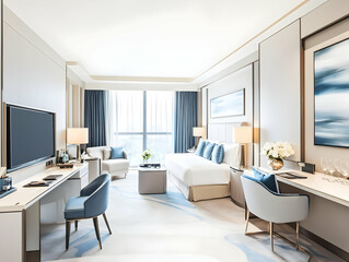 Fototapeta premium Modern Hotel Room with Elegant Decor, Large Window, Comfortable Bed, Desk, Chair, City View.