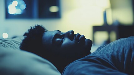 Tired individual taking a break on a sofa, showing signs of exhaustion in a cozy living room setting. Resting person with a blurred background, capturing the essence of relaxation and fatigue.
