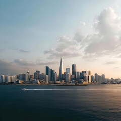 Modern Cityscape Stands Majestically by the Water under a Cloudy Sunset Sky with a Speedboat