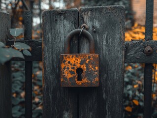 A rusty padlock hanging on a wooden gate.  - ai