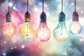 Five Colorful Hanging Light Bulbs Illuminate a Dreamy, Abstract Background