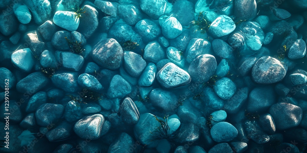 Poster aerial view of mixed ocean rocks with varied textures and eye-catching blue water : generative ai
