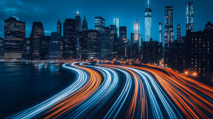 Obraz premium City Lights Streak Across Highway at Night with Illuminated Skyline in the Background