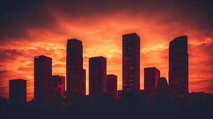 Cityscape Silhouettes Stand Majestically Against a Fiery Sunset with Dramatic Clouds