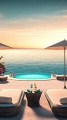 Infinity Pool Overlooks Tranquil Ocean at Sunset with Lounge Chairs and Umbrellas