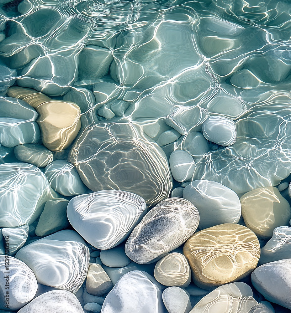 Poster mesmerizing reflections on smooth stones in crystal clear water environment : generative ai