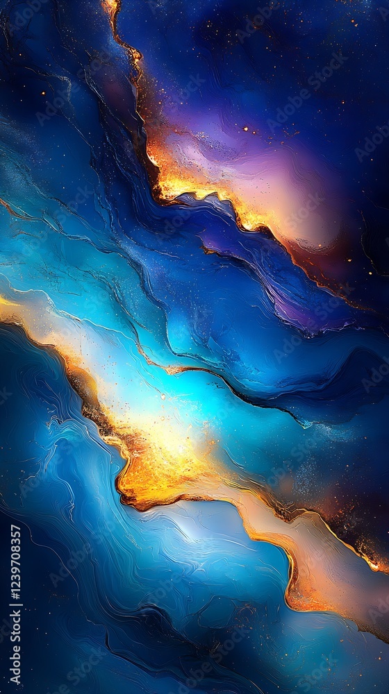 Poster vibrant abstract space art with blue and gold waves evoking cosmic vibes and deep emotions : generat