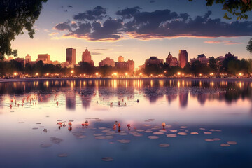 Fototapeta premium Cityscape Reflects in Calm Lake at Sunset with Lily Pads in Foreground at Dusk Tranquility