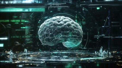 Abstract representation of the human brain with digital overlay and city lights