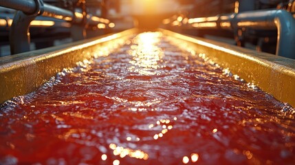 Red liquid flowing through industrial channel