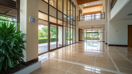 Fototapeta premium Bright Modern Building Lobby Interior with Polished Beige Floor