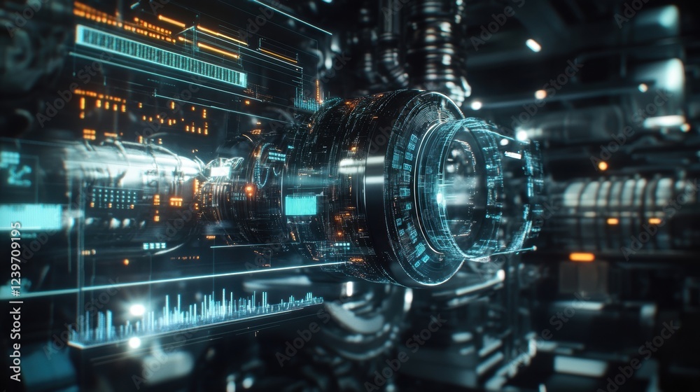 Poster futuristic engine monitoring system showcasing performance data and diagnostics through augmented re