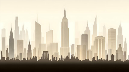 Misty Metropolis: Silhouetted Skyscrapers Rise Majestically in a Softly Lit Urban Landscape