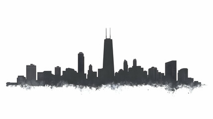 Naklejka premium Dark Gray Cityscape Silhouette Shows Off Towers and Buildings with Artistic Watercolor Splatter