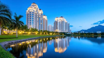 Fototapeta premium Luxury Apartments Reflecting in a Serene Lake at Twilight