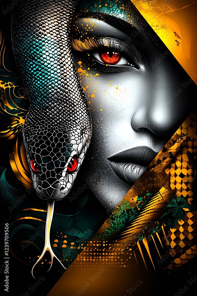 Poster Striking Close Up of Woman with Snake and Geometric Patterns in Bold Artistic Style : Generative AI