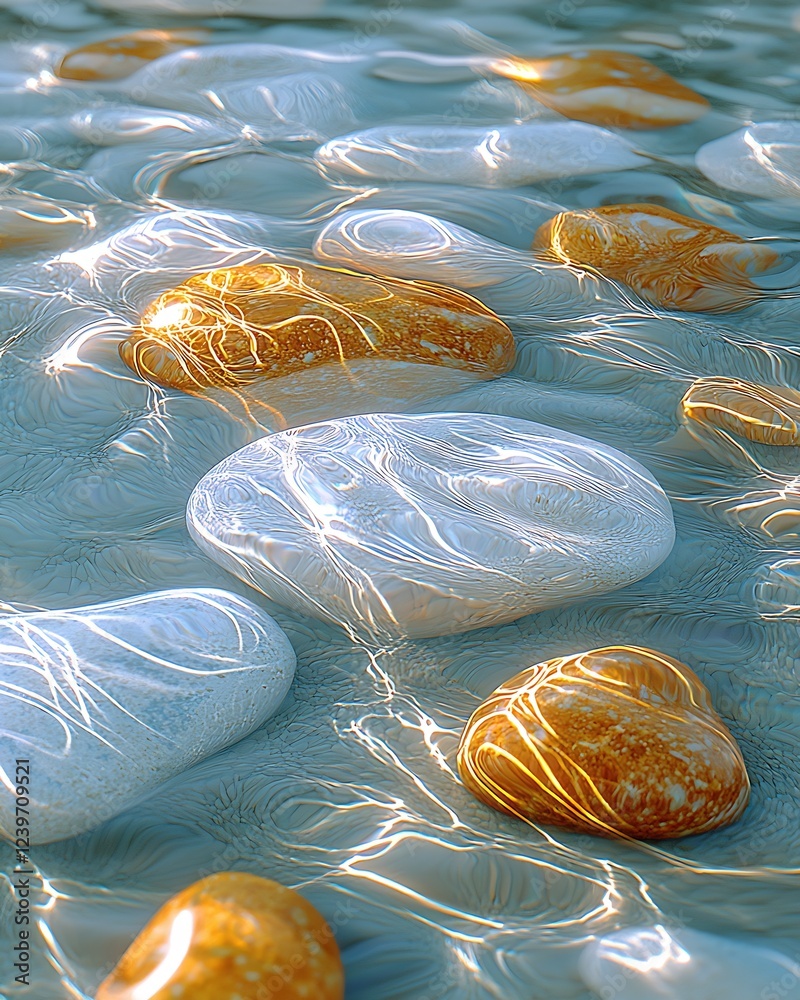 Poster textured stones floating in clear water with rippling effects and warm hues : generative ai