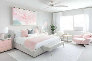 Fototapeta premium Modern Bedroom Interior Design Features a Pink and White Color Palette with Elegant Furnishings.