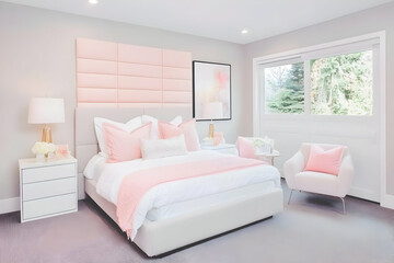 Modern Pink and White Bedroom Interior Design Showcases a Cozy and Stylish Space Perfectly.