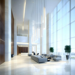 Modern Office Lobby Interior Design with Stylish Furniture and Large Windows Showcases Elegance.