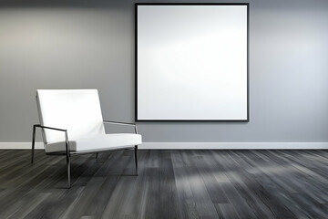 Modern Interior with White Armchair and Blank Frame on Gray Wall in a Minimalist Room