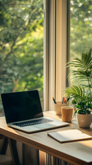 Harmonious Workspace for Optimal Productivity: A Minimalistic Desk with Natural Light and Organized Essentials