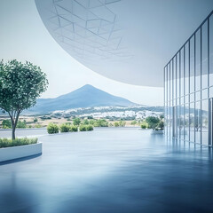 Fototapeta premium Modern Building Exterior Shows Glass Facade, Trees, and Distant Hill with Town