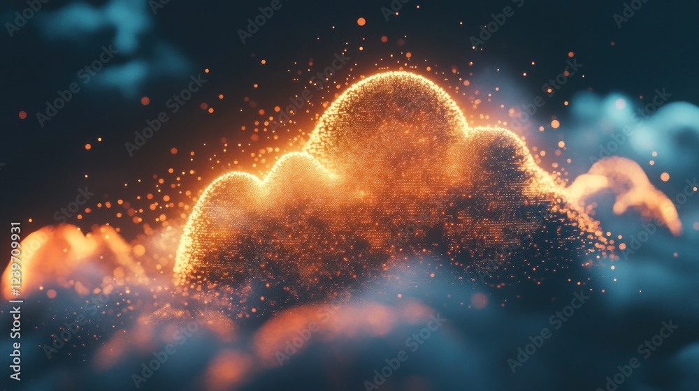 Poster digital cloudscape with golden particle glow and atmospheric depth