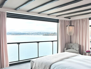Fototapeta premium Luxury Bedroom Showcases Stunning Lake View with Elegant Decor and Exposed Beams