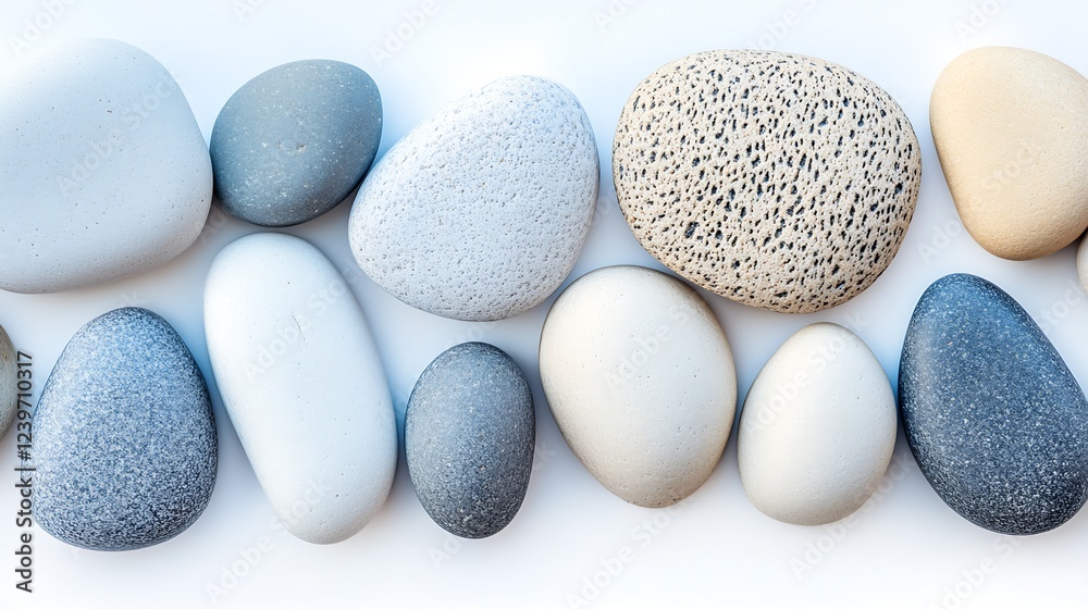 Poster Collection of Natural Smooth Pebbles in Various Tones Arranged Aesthetically on a Clean Surface : Generative AI