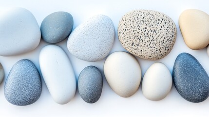 Collection of Natural Smooth Pebbles in Various Tones Arranged Aesthetically on a Clean Surface : Generative AI