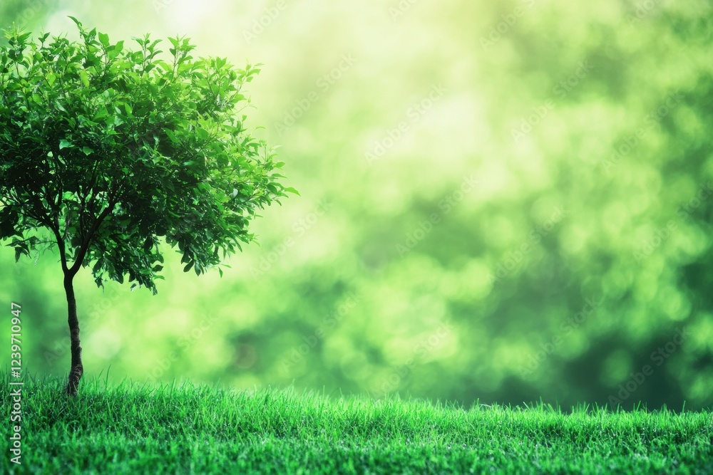 Poster lush green tree on grassy hillside bathed in soft morning sunlight creating a serene natural atmosph
