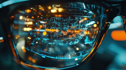 Fototapeta premium Close up of futuristic smart glasses projecting augmented reality data and holographic lines, enhancing vision amidst a dynamic urban environment with blurred city lights