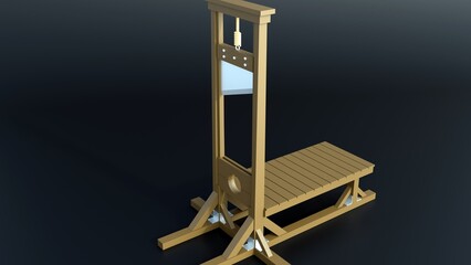 Naklejka premium 3d rendering of guillotine. this device is designed for punishment by decapitation. It consists of a tall, wooden frame with a heavy blade suspended at the top.